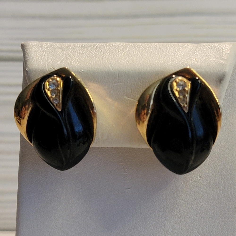 Vintage KJL for Avon Black Gold Rhinestone Sculptural Clip On Earrings